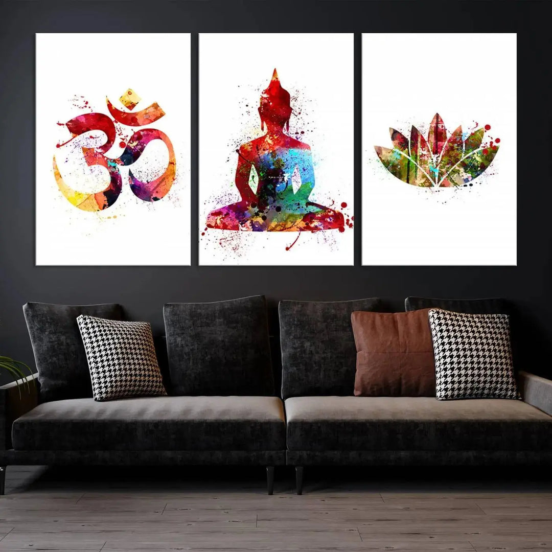 The Buddha Canvas, featuring Asian Wall Art and Yoga Medit Canvas Print designs with an Om symbol, a meditating Buddha, and a lotus, adds a touch of serenity to the space.