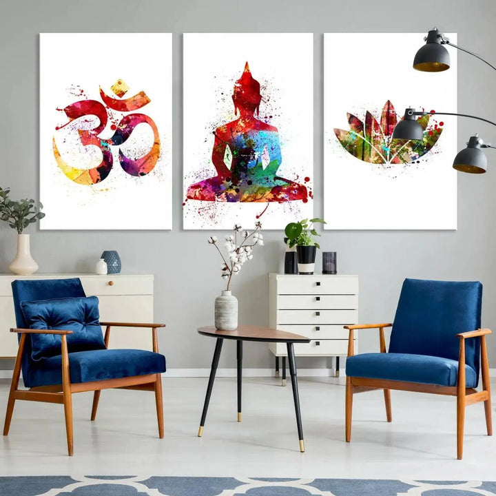 The Buddha Canvas, featuring Asian Wall Art and Yoga Medit Canvas Print designs with an Om symbol, a meditating Buddha, and a lotus, adds a touch of serenity to the space.