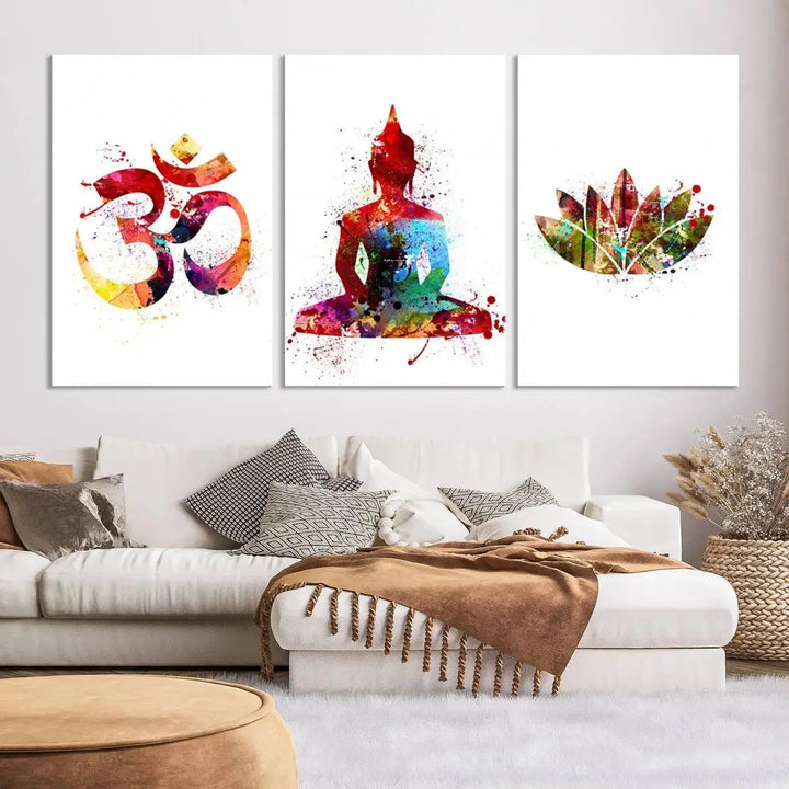 The Buddha Canvas, featuring Asian Wall Art and Yoga Medit Canvas Print designs with an Om symbol, a meditating Buddha, and a lotus, adds a touch of serenity to the space.