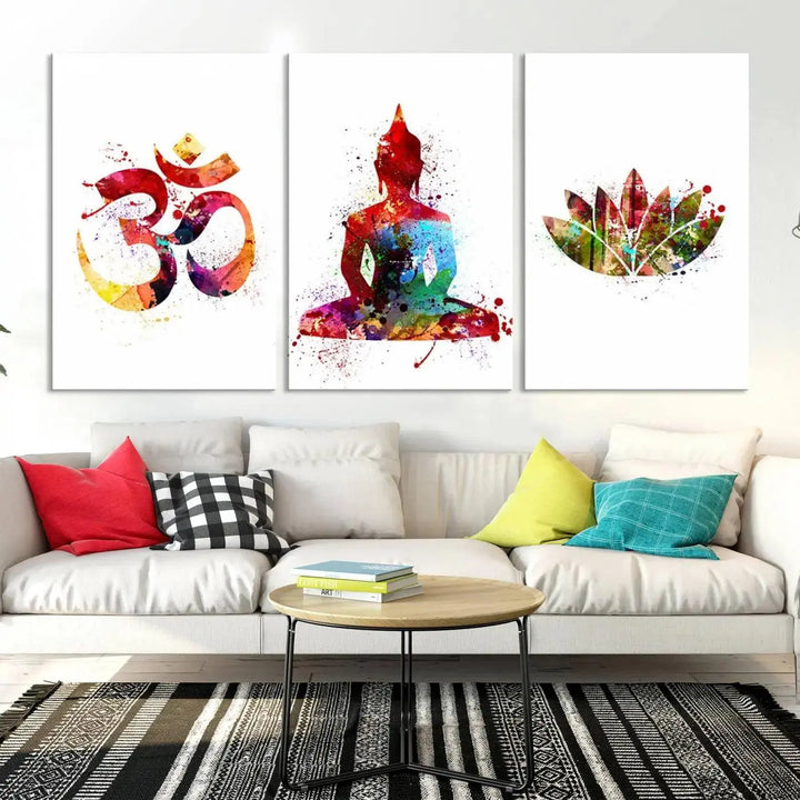 The Buddha Canvas, featuring Asian Wall Art and Yoga Medit Canvas Print designs with an Om symbol, a meditating Buddha, and a lotus, adds a touch of serenity to the space.