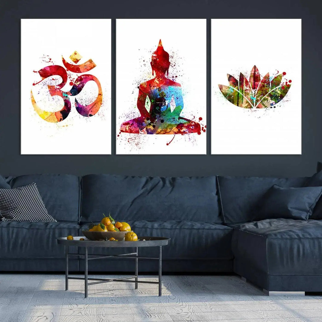 The Buddha Canvas, featuring Asian Wall Art and Yoga Medit Canvas Print designs with an Om symbol, a meditating Buddha, and a lotus, adds a touch of serenity to the space.