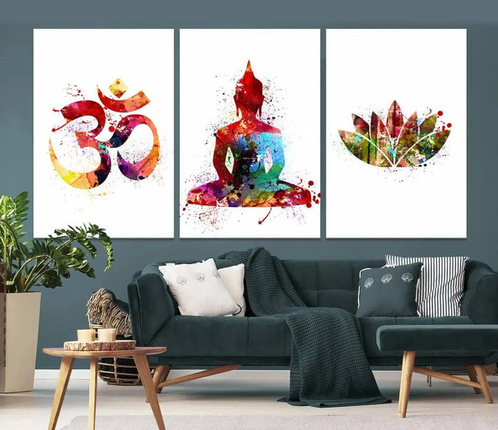 The Buddha Canvas, featuring Asian Wall Art and Yoga Medit Canvas Print designs with an Om symbol, a meditating Buddha, and a lotus, adds a touch of serenity to the space.