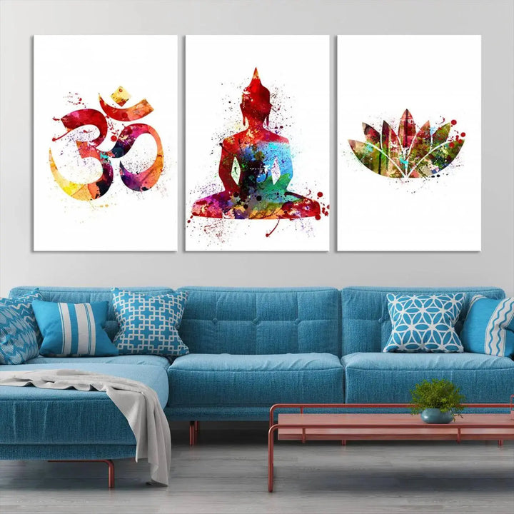 The Buddha Canvas, featuring Asian Wall Art and Yoga Medit Canvas Print designs with an Om symbol, a meditating Buddha, and a lotus, adds a touch of serenity to the space.