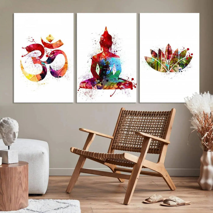 The Buddha Canvas, featuring Asian Wall Art and Yoga Medit Canvas Print designs with an Om symbol, a meditating Buddha, and a lotus, adds a touch of serenity to the space.