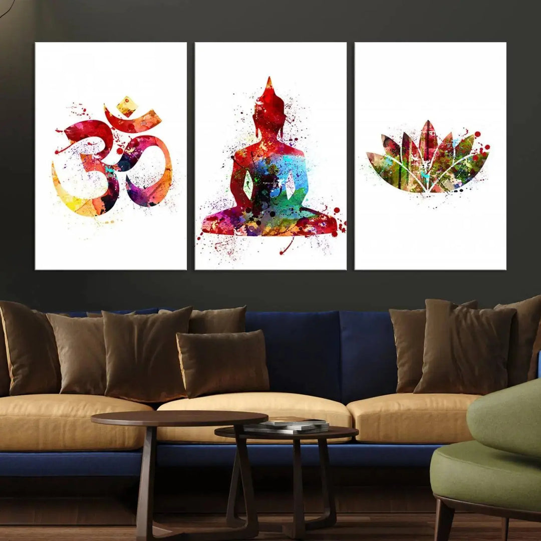 The Buddha Canvas, featuring Asian Wall Art and Yoga Medit Canvas Print designs with an Om symbol, a meditating Buddha, and a lotus, adds a touch of serenity to the space.