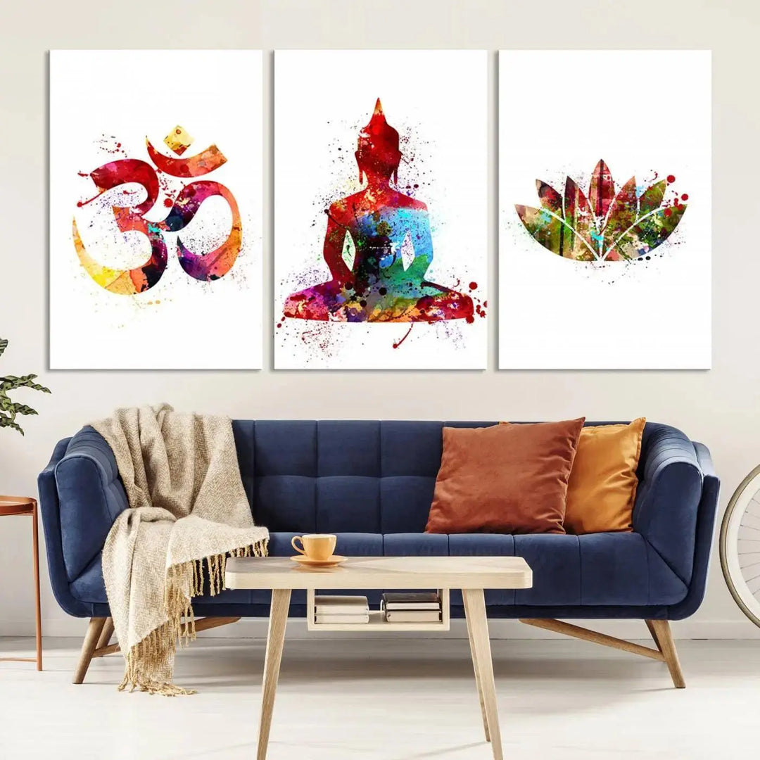 The Buddha Canvas, featuring Asian Wall Art and Yoga Medit Canvas Print designs with an Om symbol, a meditating Buddha, and a lotus, adds a touch of serenity to the space.