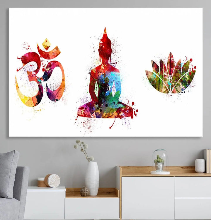 The Buddha Canvas, Asian Wall Art, and Yoga Medit Canvas Print add a serene touch to the wall.