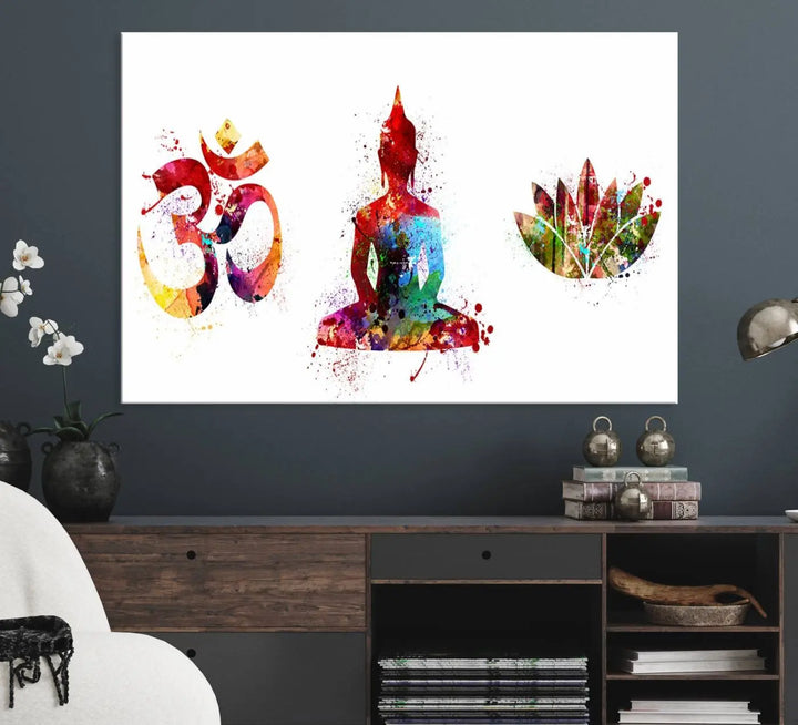 The Buddha Canvas, Asian Wall Art, and Yoga Medit Canvas Print add a serene touch to the wall.