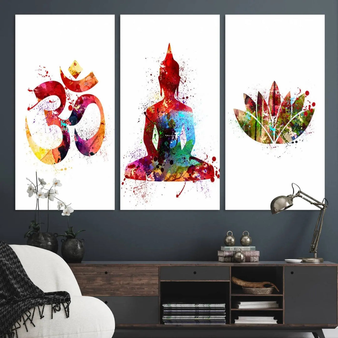 The Buddha Canvas, Asian Wall Art, and Yoga Medit Canvas Print add a serene touch to the wall.