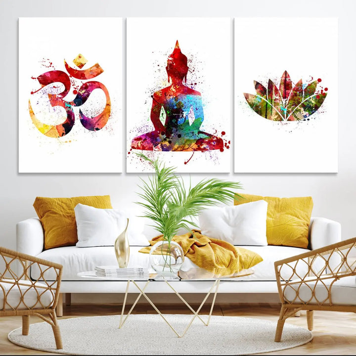 The Buddha Canvas, Asian Wall Art, and Yoga Medit Canvas Print add a serene touch to the wall.