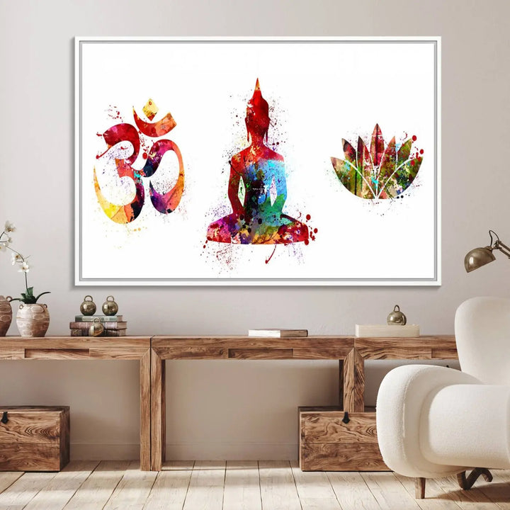 The Buddha Canvas, Asian Wall Art, and Yoga Medit Canvas Print add a serene touch to the wall.