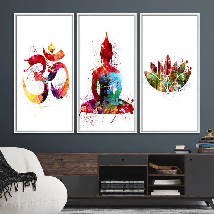 The Buddha Canvas, Asian Wall Art, and Yoga Medit Canvas Print add a serene touch to the wall.