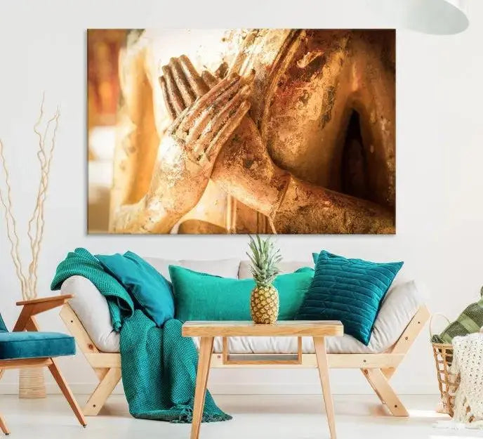 This Buddha Statue Hands Wall Art Canvas Print features a weathered golden Buddha statue with folded hands, crafted on museum-quality canvas and protected with a UV coating. Experience the elegance and tranquility of this piece with free shipping included.