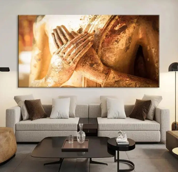 This Buddha Statue Hands Wall Art Canvas Print features a weathered golden Buddha statue with folded hands, crafted on museum-quality canvas and protected with a UV coating. Experience the elegance and tranquility of this piece with free shipping included.