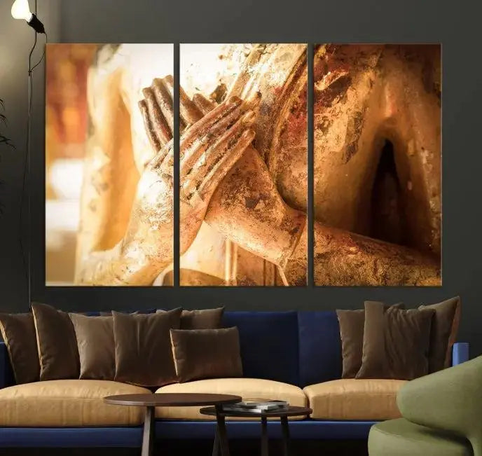 This Buddha Statue Hands Wall Art Canvas Print features a weathered golden Buddha statue with folded hands, crafted on museum-quality canvas and protected with a UV coating. Experience the elegance and tranquility of this piece with free shipping included.