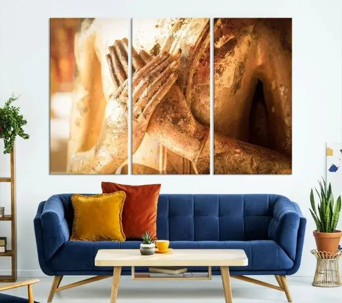 This Buddha Statue Hands Wall Art Canvas Print features a weathered golden Buddha statue with folded hands, crafted on museum-quality canvas and protected with a UV coating. Experience the elegance and tranquility of this piece with free shipping included.