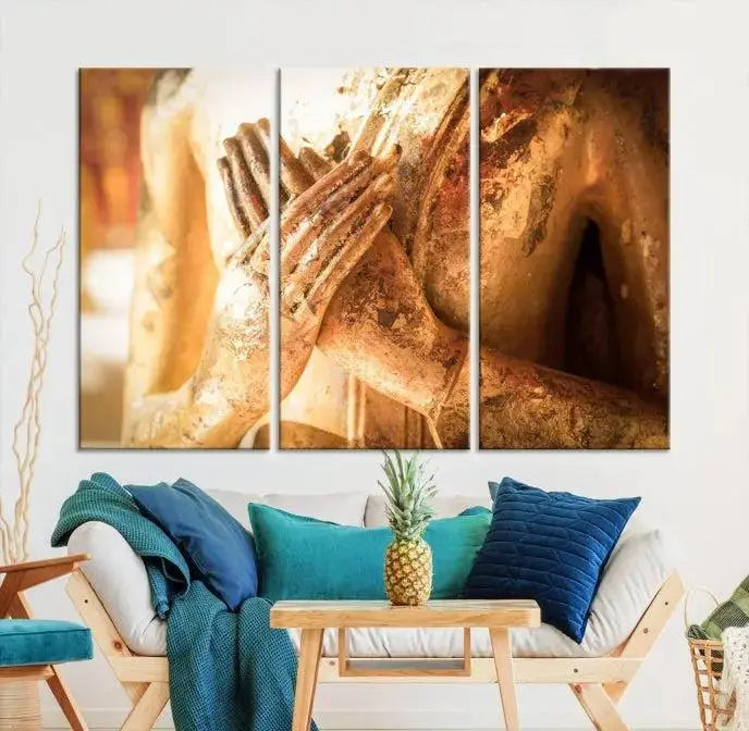 This Buddha Statue Hands Wall Art Canvas Print features a weathered golden Buddha statue with folded hands, crafted on museum-quality canvas and protected with a UV coating. Experience the elegance and tranquility of this piece with free shipping included.