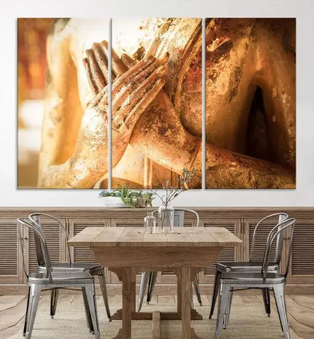 This Buddha Statue Hands Wall Art Canvas Print features a weathered golden Buddha statue with folded hands, crafted on museum-quality canvas and protected with a UV coating. Experience the elegance and tranquility of this piece with free shipping included.