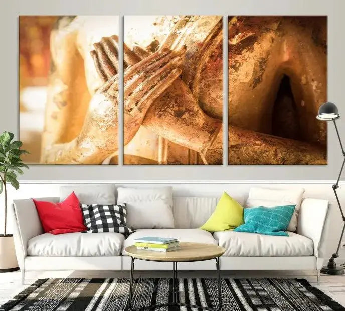 This Buddha Statue Hands Wall Art Canvas Print features a weathered golden Buddha statue with folded hands, crafted on museum-quality canvas and protected with a UV coating. Experience the elegance and tranquility of this piece with free shipping included.