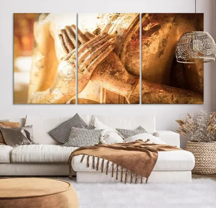 This Buddha Statue Hands Wall Art Canvas Print features a weathered golden Buddha statue with folded hands, crafted on museum-quality canvas and protected with a UV coating. Experience the elegance and tranquility of this piece with free shipping included.