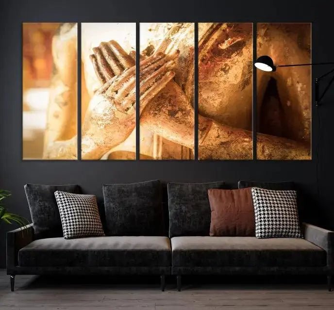 This Buddha Statue Hands Wall Art Canvas Print features a weathered golden Buddha statue with folded hands, crafted on museum-quality canvas and protected with a UV coating. Experience the elegance and tranquility of this piece with free shipping included.