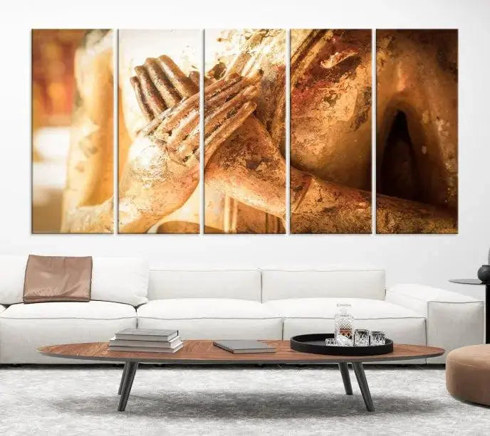 This Buddha Statue Hands Wall Art Canvas Print features a weathered golden Buddha statue with folded hands, crafted on museum-quality canvas and protected with a UV coating. Experience the elegance and tranquility of this piece with free shipping included.