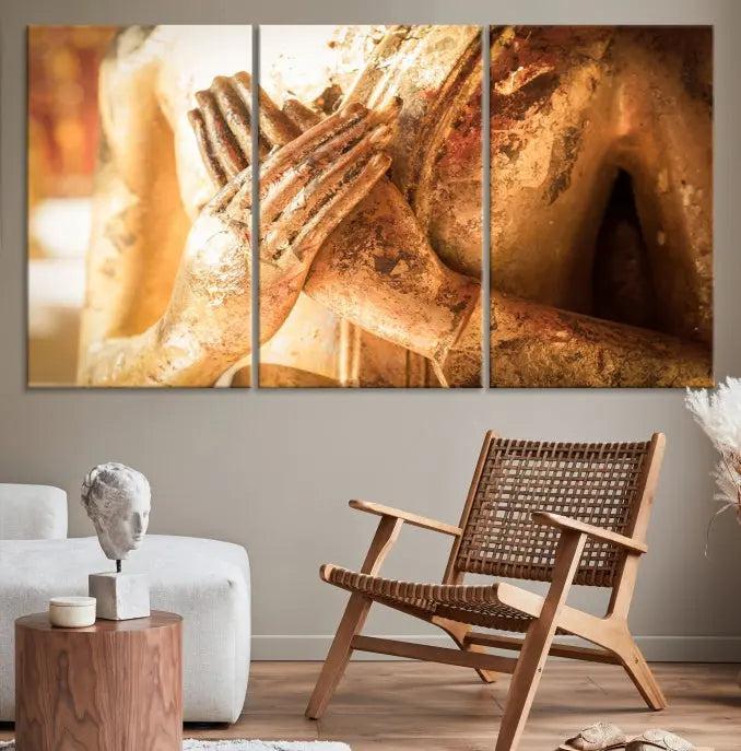 This Buddha Statue Hands Wall Art Canvas Print features a weathered golden Buddha statue with folded hands, crafted on museum-quality canvas and protected with a UV coating. Experience the elegance and tranquility of this piece with free shipping included.