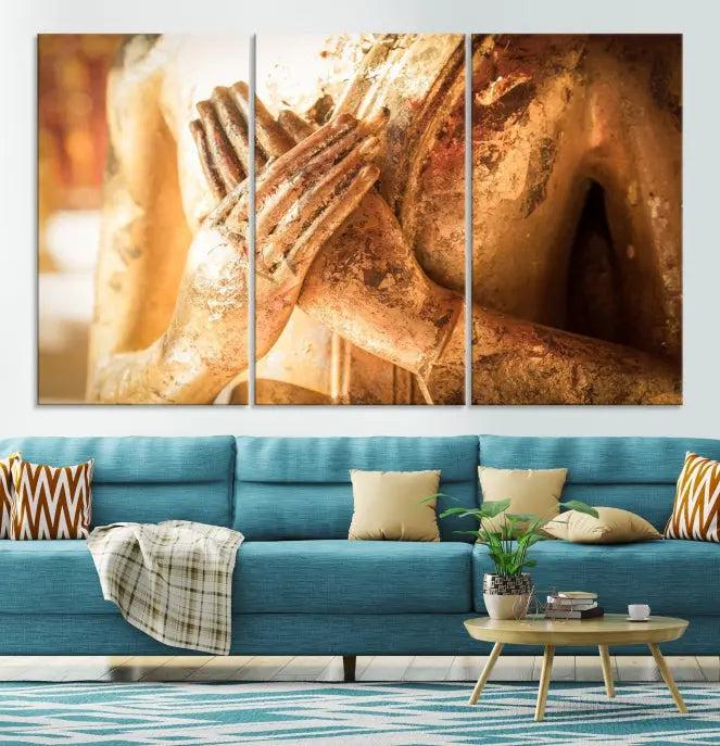 This Buddha Statue Hands Wall Art Canvas Print features a weathered golden Buddha statue with folded hands, crafted on museum-quality canvas and protected with a UV coating. Experience the elegance and tranquility of this piece with free shipping included.