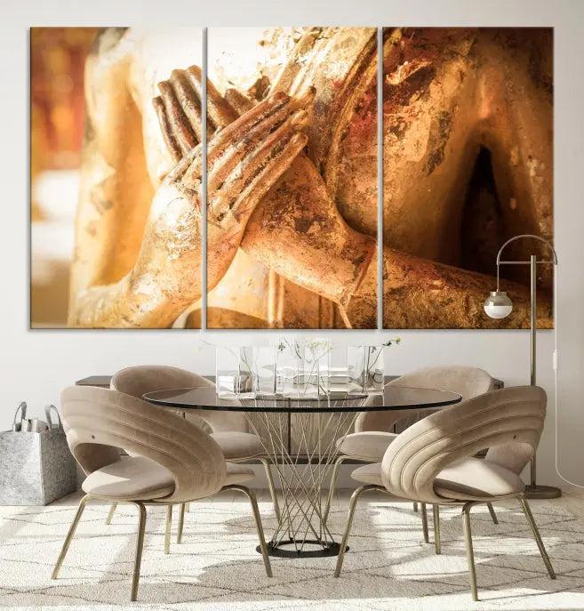 This Buddha Statue Hands Wall Art Canvas Print features a weathered golden Buddha statue with folded hands, crafted on museum-quality canvas and protected with a UV coating. Experience the elegance and tranquility of this piece with free shipping included.