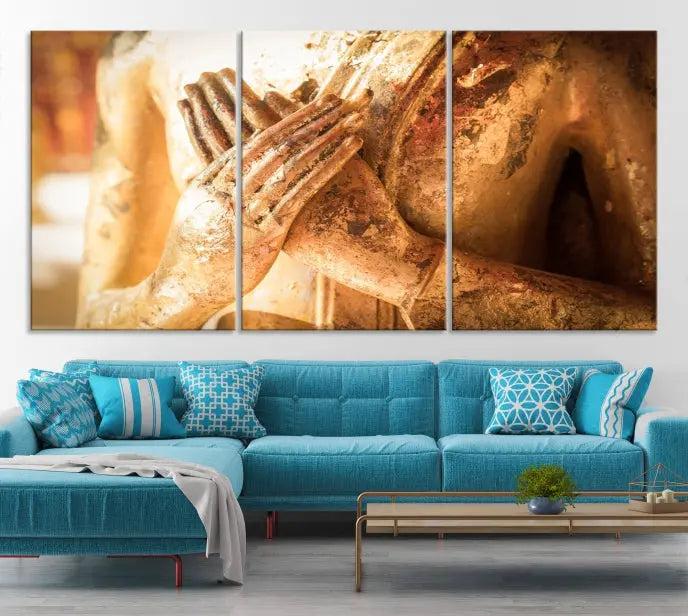 This Buddha Statue Hands Wall Art Canvas Print features a weathered golden Buddha statue with folded hands, crafted on museum-quality canvas and protected with a UV coating. Experience the elegance and tranquility of this piece with free shipping included.