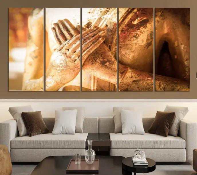 This Buddha Statue Hands Wall Art Canvas Print features a weathered golden Buddha statue with folded hands, crafted on museum-quality canvas and protected with a UV coating. Experience the elegance and tranquility of this piece with free shipping included.