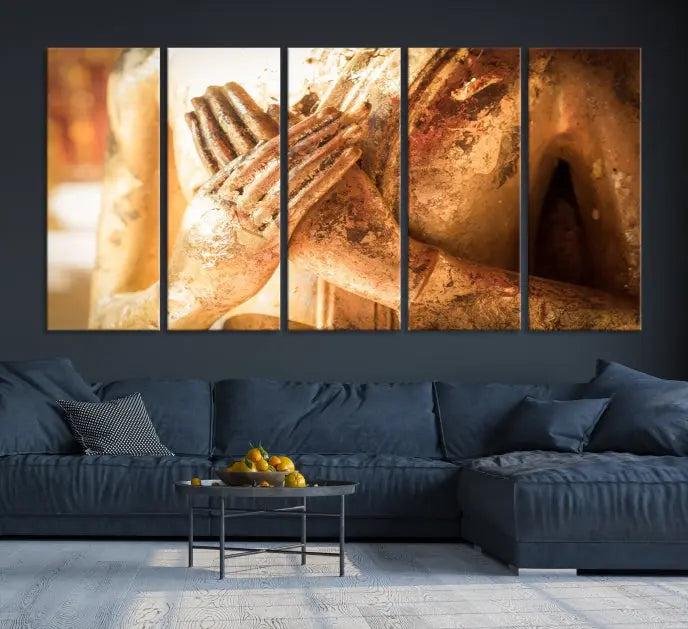 This Buddha Statue Hands Wall Art Canvas Print features a weathered golden Buddha statue with folded hands, crafted on museum-quality canvas and protected with a UV coating. Experience the elegance and tranquility of this piece with free shipping included.