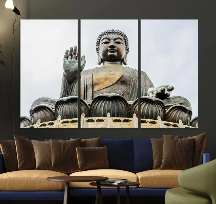 The living room features the Buddha Statue Wall Art Canvas Print, a museum-quality triptych of a large seated Buddha statue on UV-protective canvas.