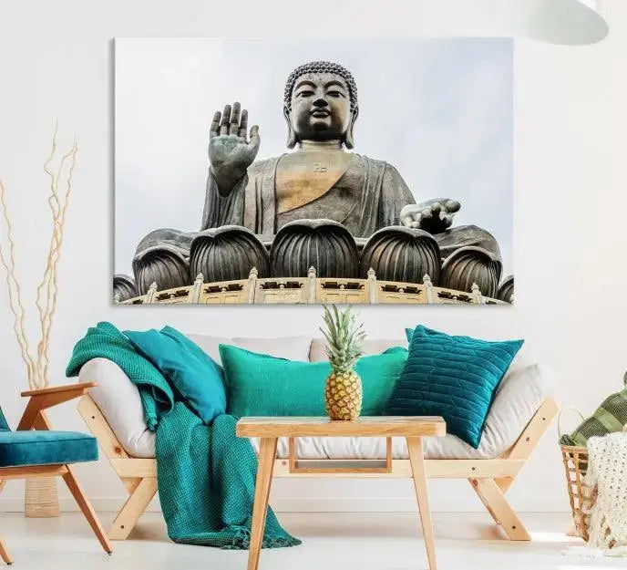 The living room features the Buddha Statue Wall Art Canvas Print, a museum-quality triptych of a large seated Buddha statue on UV-protective canvas.