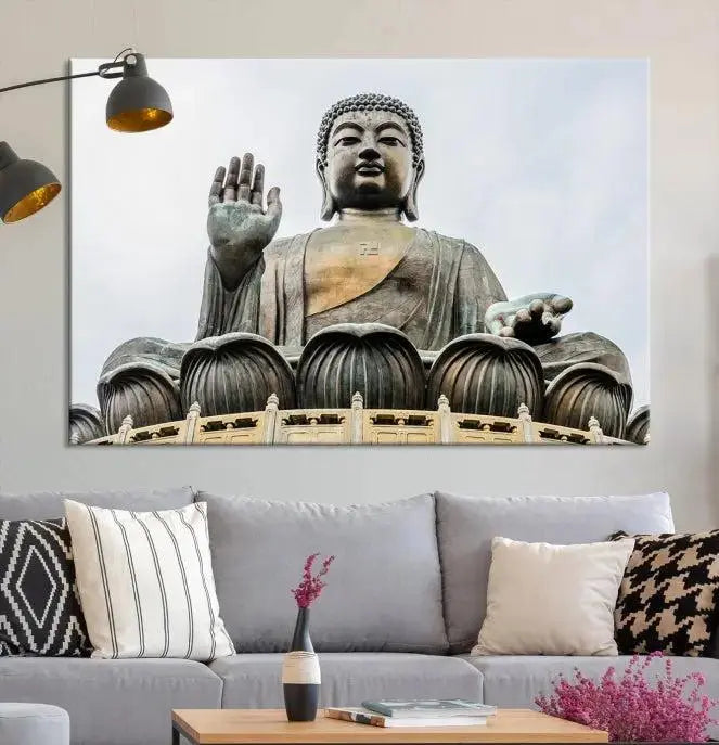 The living room features the Buddha Statue Wall Art Canvas Print, a museum-quality triptych of a large seated Buddha statue on UV-protective canvas.