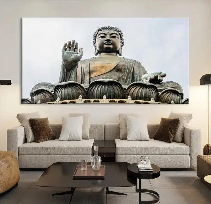 The living room features the Buddha Statue Wall Art Canvas Print, a museum-quality triptych of a large seated Buddha statue on UV-protective canvas.