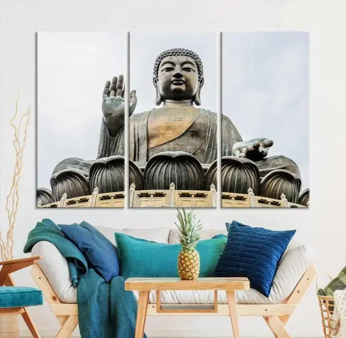 The living room features the Buddha Statue Wall Art Canvas Print, a museum-quality triptych of a large seated Buddha statue on UV-protective canvas.