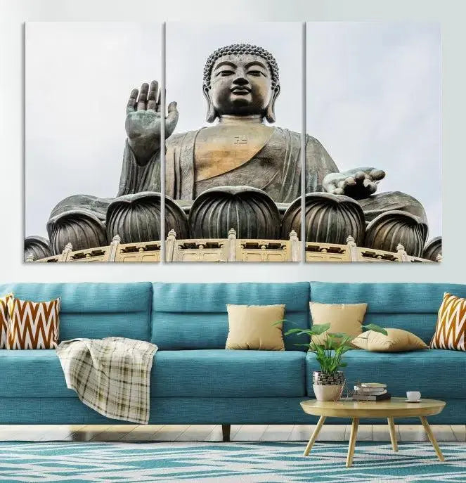 The living room features the Buddha Statue Wall Art Canvas Print, a museum-quality triptych of a large seated Buddha statue on UV-protective canvas.