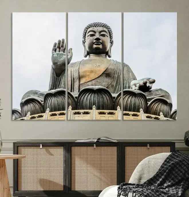 The living room features the Buddha Statue Wall Art Canvas Print, a museum-quality triptych of a large seated Buddha statue on UV-protective canvas.