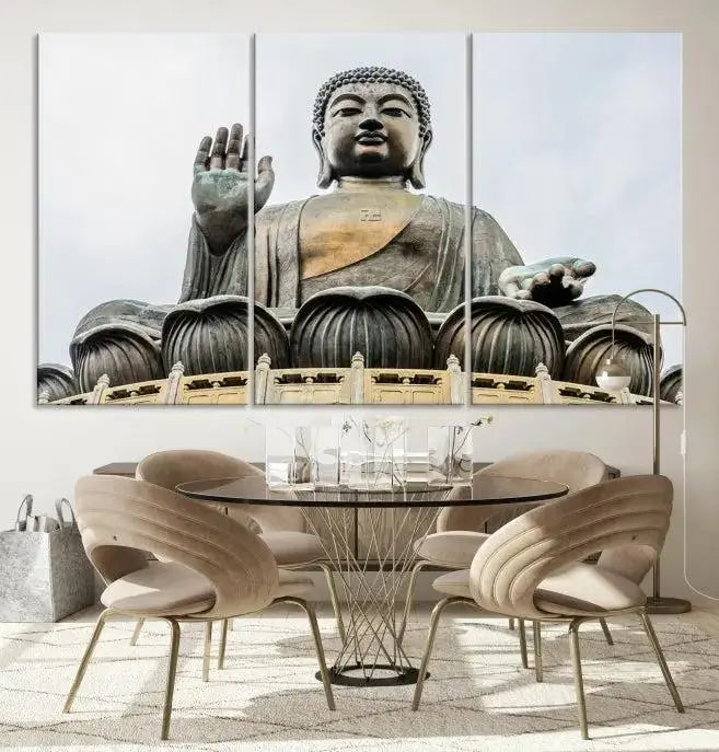 The living room features the Buddha Statue Wall Art Canvas Print, a museum-quality triptych of a large seated Buddha statue on UV-protective canvas.