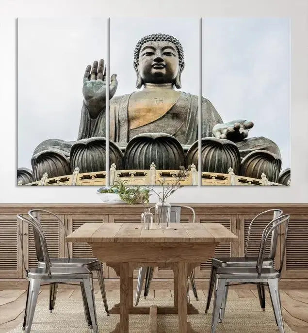 The living room features the Buddha Statue Wall Art Canvas Print, a museum-quality triptych of a large seated Buddha statue on UV-protective canvas.