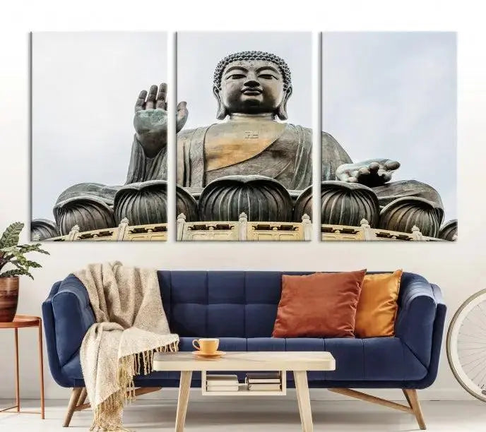 The living room features the Buddha Statue Wall Art Canvas Print, a museum-quality triptych of a large seated Buddha statue on UV-protective canvas.