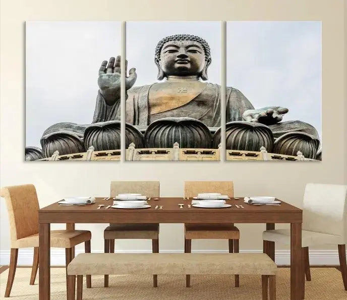 The living room features the Buddha Statue Wall Art Canvas Print, a museum-quality triptych of a large seated Buddha statue on UV-protective canvas.