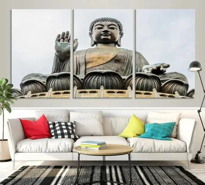 The living room features the Buddha Statue Wall Art Canvas Print, a museum-quality triptych of a large seated Buddha statue on UV-protective canvas.