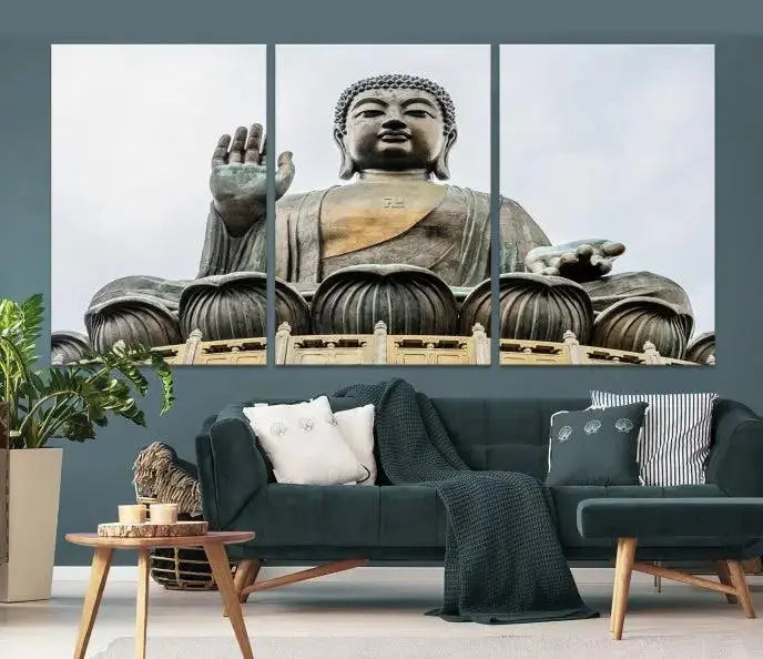 The living room features the Buddha Statue Wall Art Canvas Print, a museum-quality triptych of a large seated Buddha statue on UV-protective canvas.