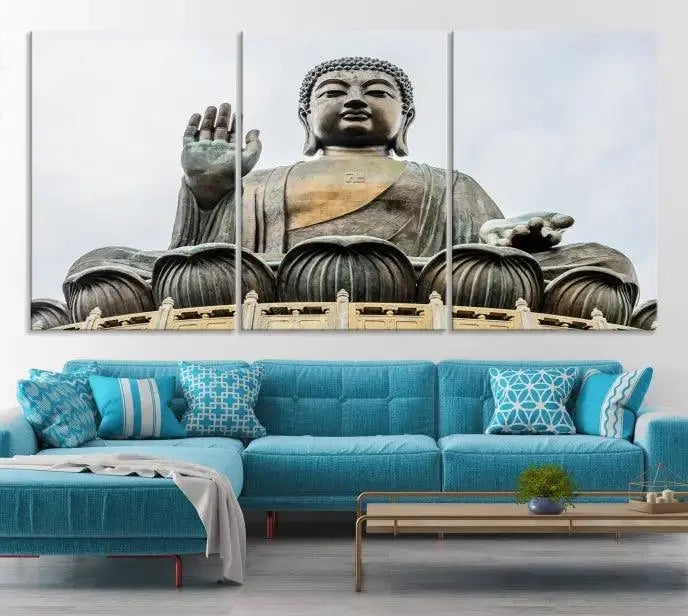 The living room features the Buddha Statue Wall Art Canvas Print, a museum-quality triptych of a large seated Buddha statue on UV-protective canvas.