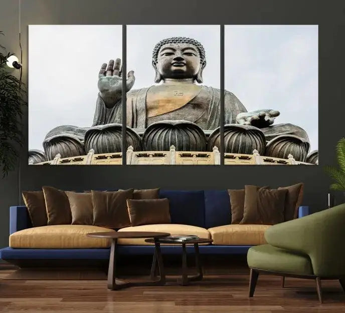 The living room features the Buddha Statue Wall Art Canvas Print, a museum-quality triptych of a large seated Buddha statue on UV-protective canvas.