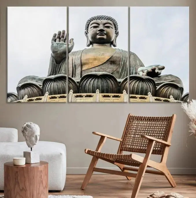 The living room features the Buddha Statue Wall Art Canvas Print, a museum-quality triptych of a large seated Buddha statue on UV-protective canvas.