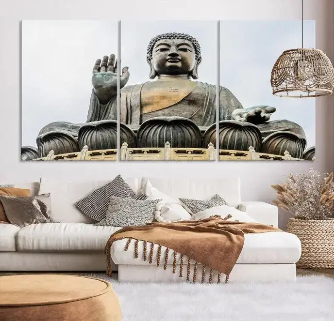 The living room features the Buddha Statue Wall Art Canvas Print, a museum-quality triptych of a large seated Buddha statue on UV-protective canvas.