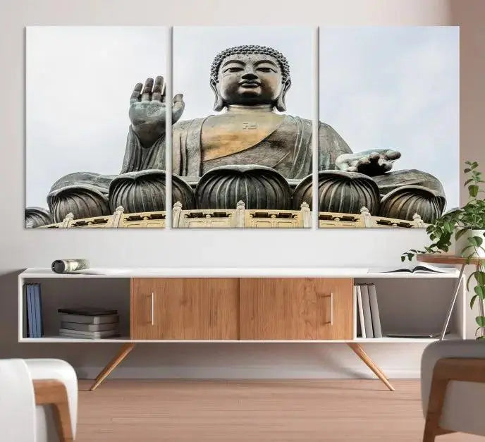 The living room features the Buddha Statue Wall Art Canvas Print, a museum-quality triptych of a large seated Buddha statue on UV-protective canvas.